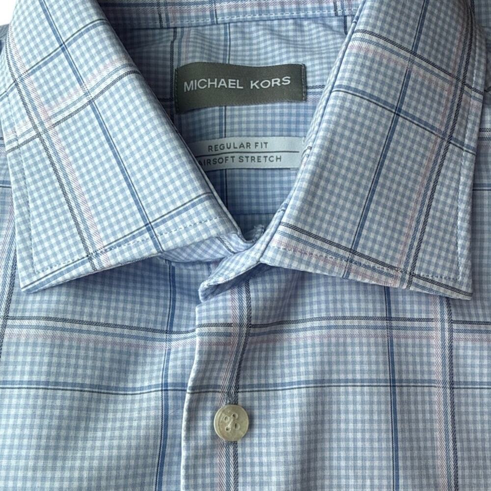 Michael Kors Light Blue Plaid Mens Airsoft Stretch Performance Dress Shirt L
